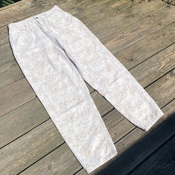 Talbots linen cotton blend jeans oatmeal color floral design size 12 high waist - Picture 2 of 13